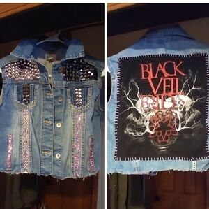 Upcycled Girls Denim Vest W/ Metal Studs And Pink Rhinestones
